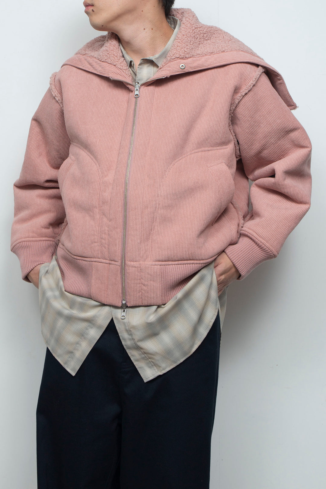 Corduroy Boa Mouton Reversible Split-Hoodie PINK