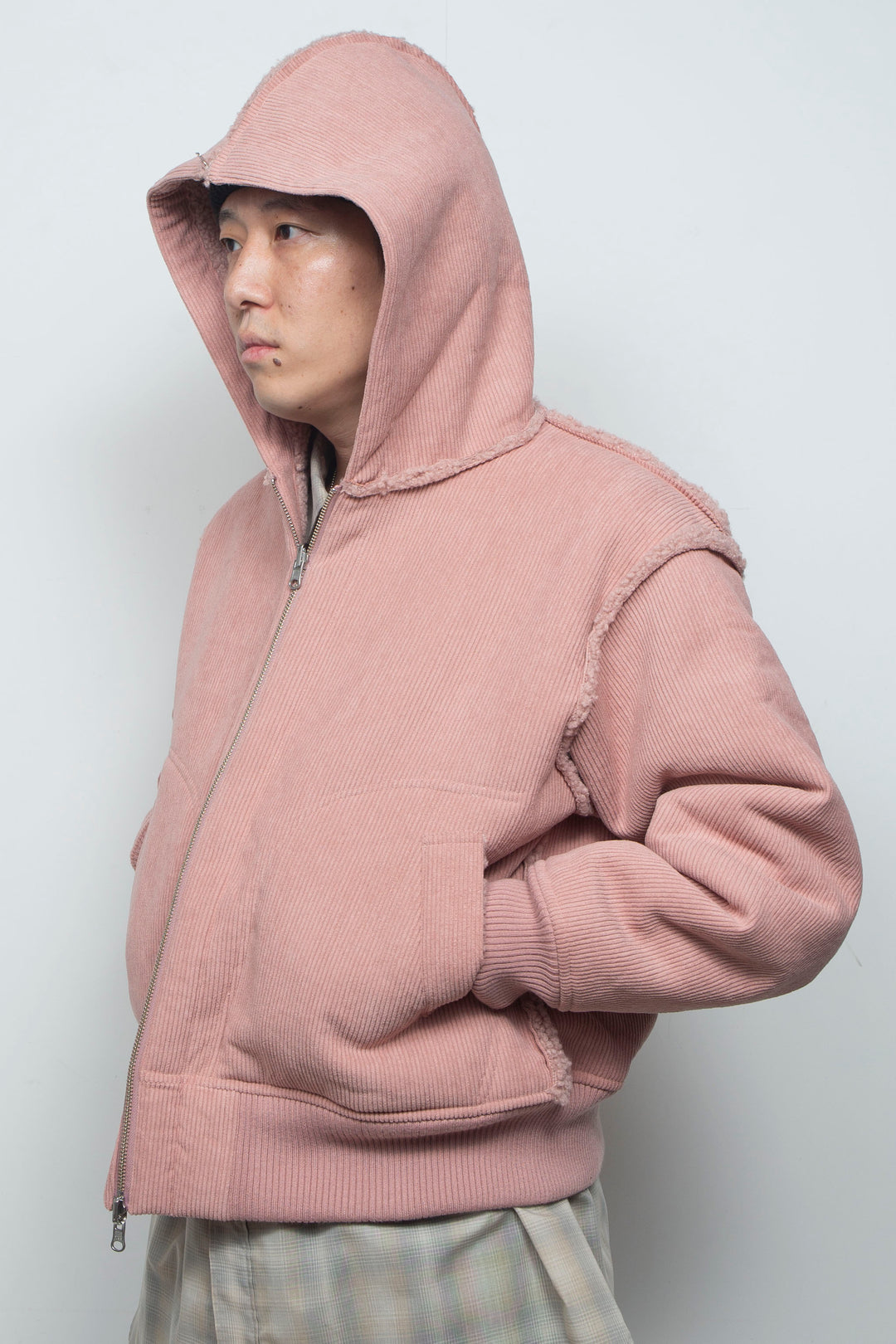 Corduroy Boa Mouton Reversible Split-Hoodie PINK