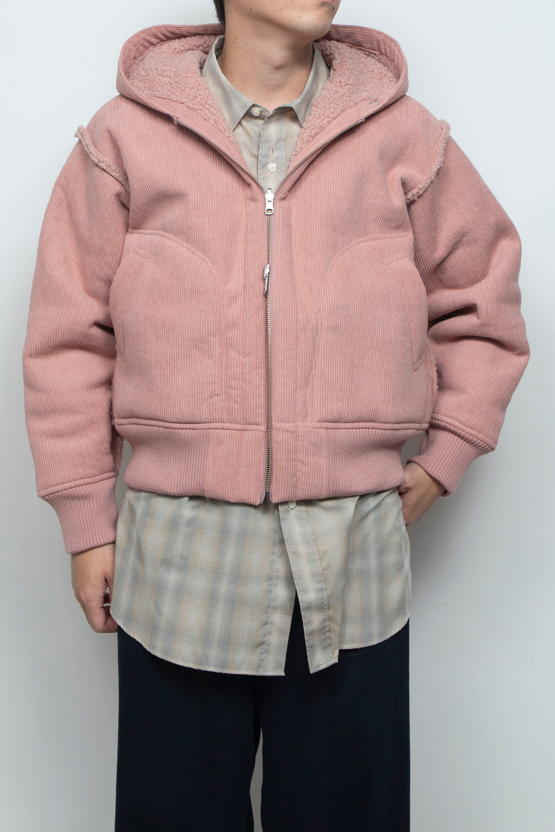 Corduroy Boa Mouton Reversible Split-Hoodie PINK