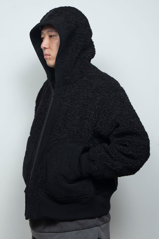 Corduroy Boa Mouton Reversible Split-Hoodie BLACK