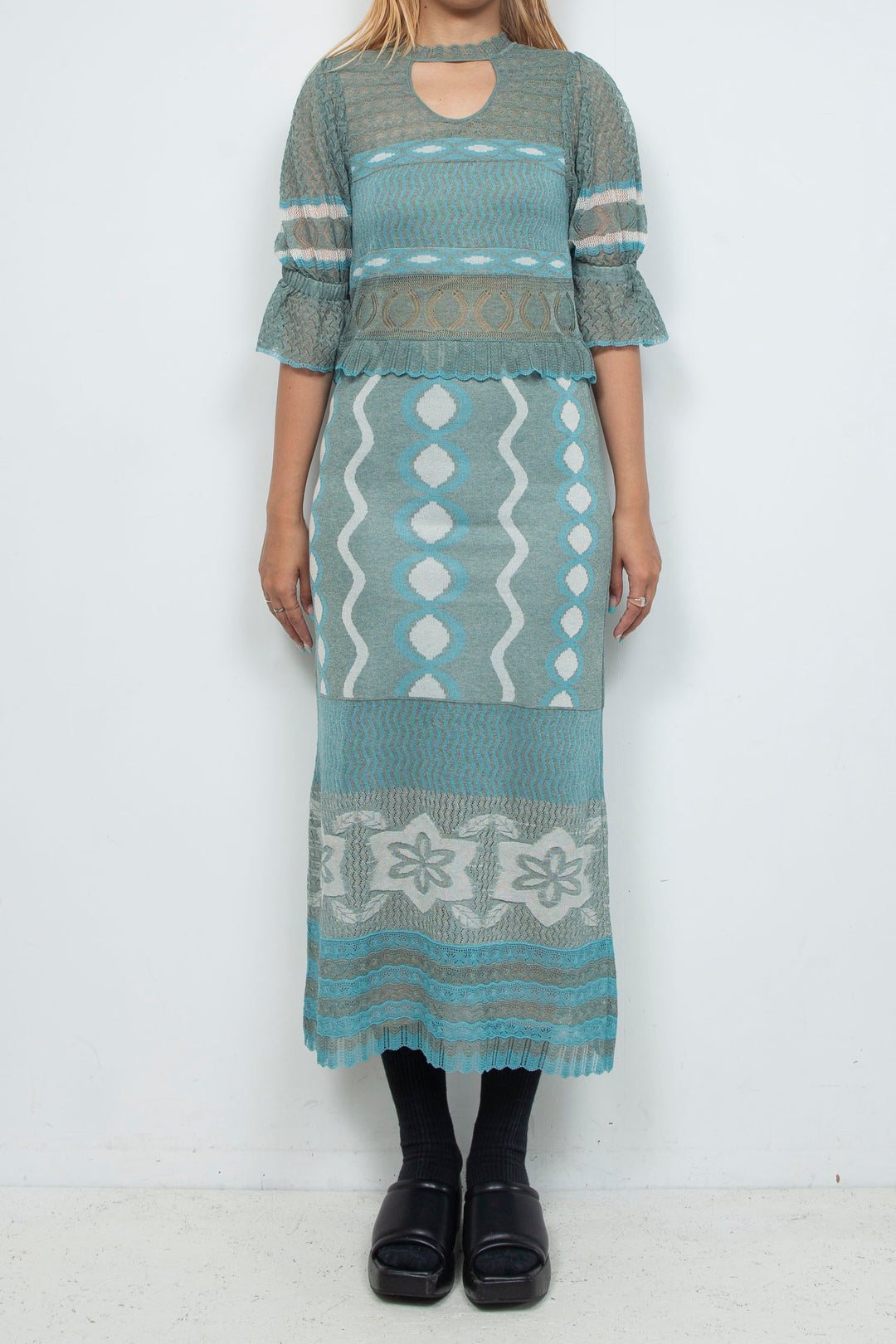 Sazanka wave-pattern lamé knitted dress Mint green