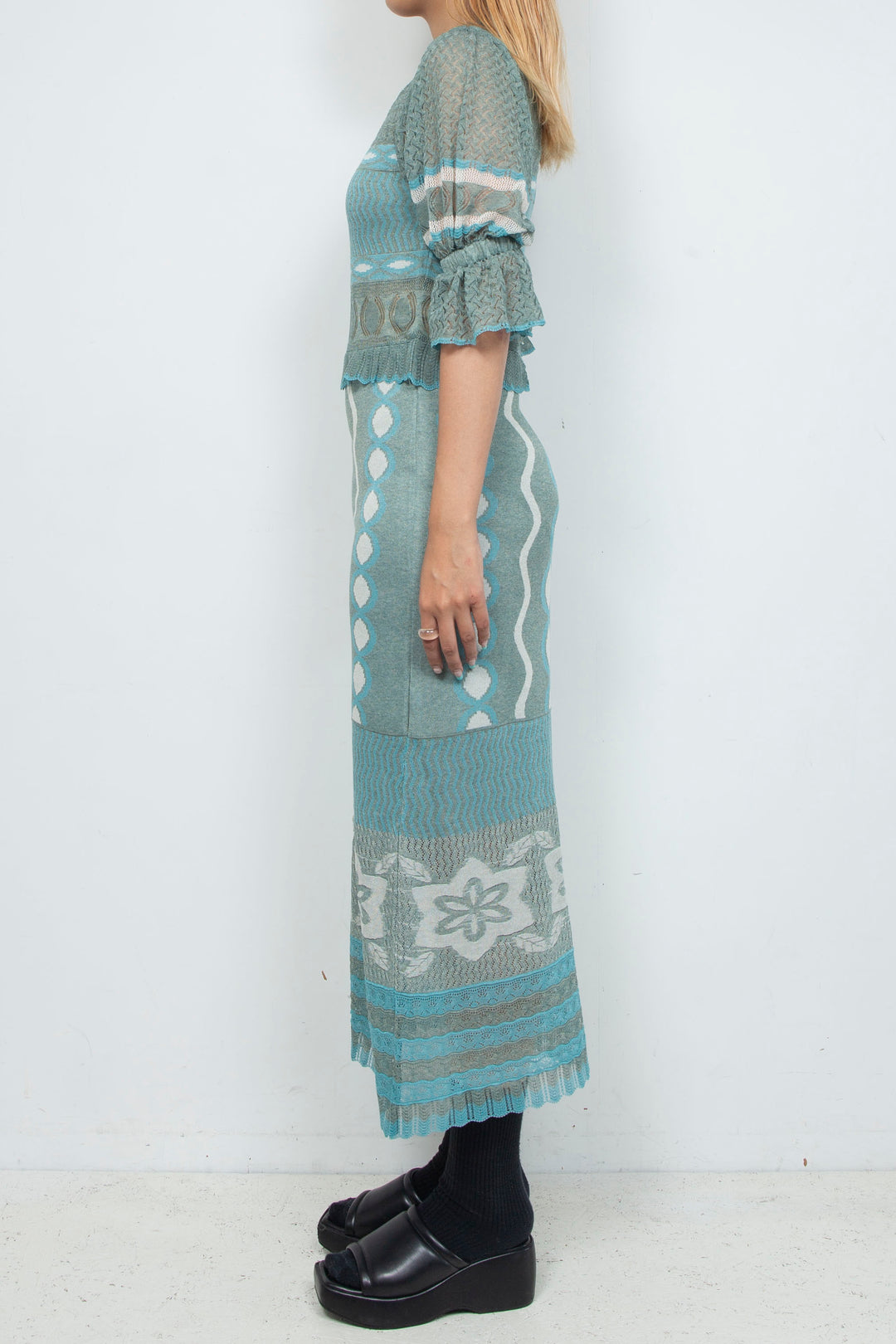 Sazanka wave-pattern lamé knitted dress Mint green