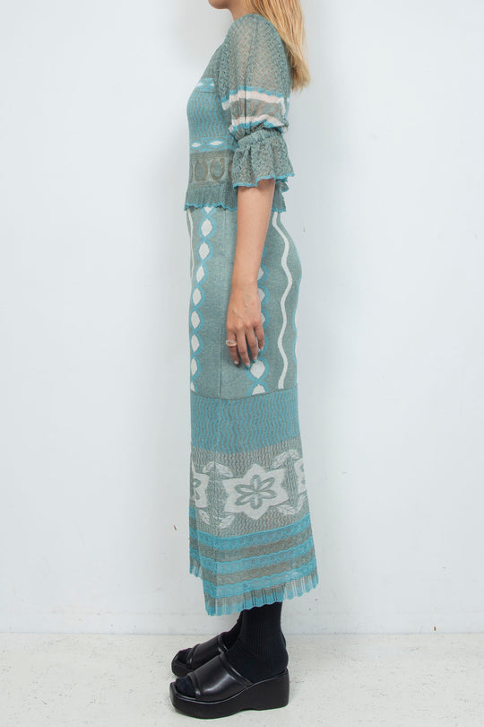 Sazanka wave-pattern lamé knitted dress Mint green