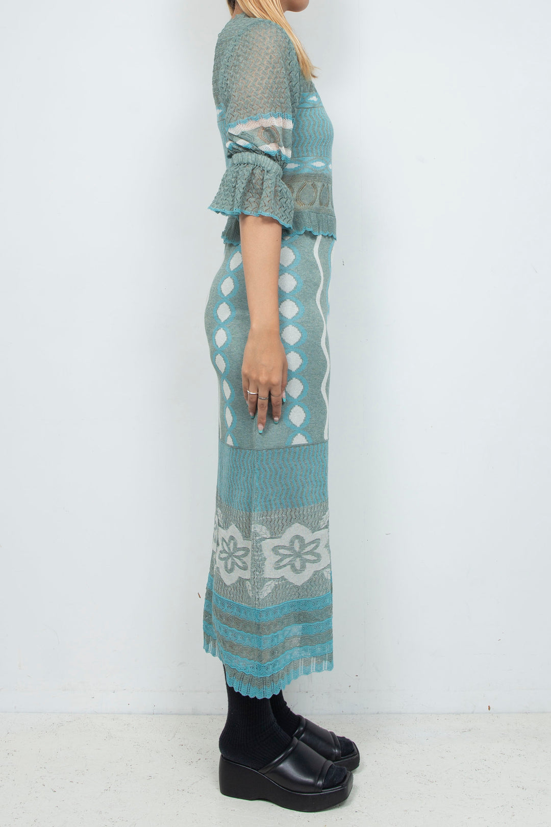 Sazanka wave-pattern lamé knitted dress Mint green