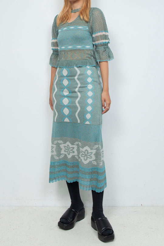 Sazanka wave-pattern lamé knitted dress Mint green