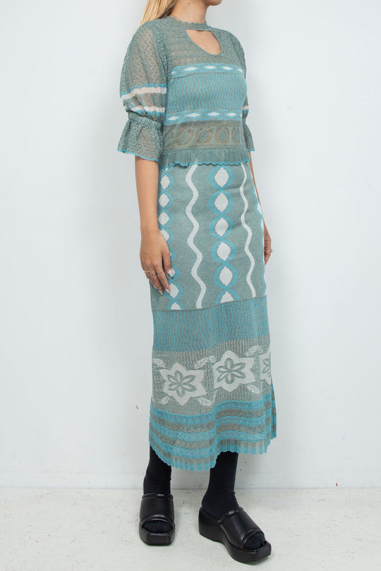 Sazanka wave-pattern lamé knitted dress Mint green