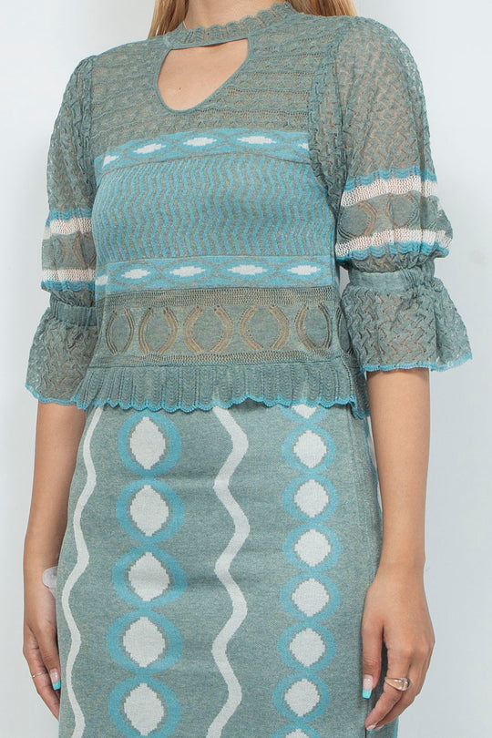 Sazanka wave-pattern lamé knitted dress Mint green