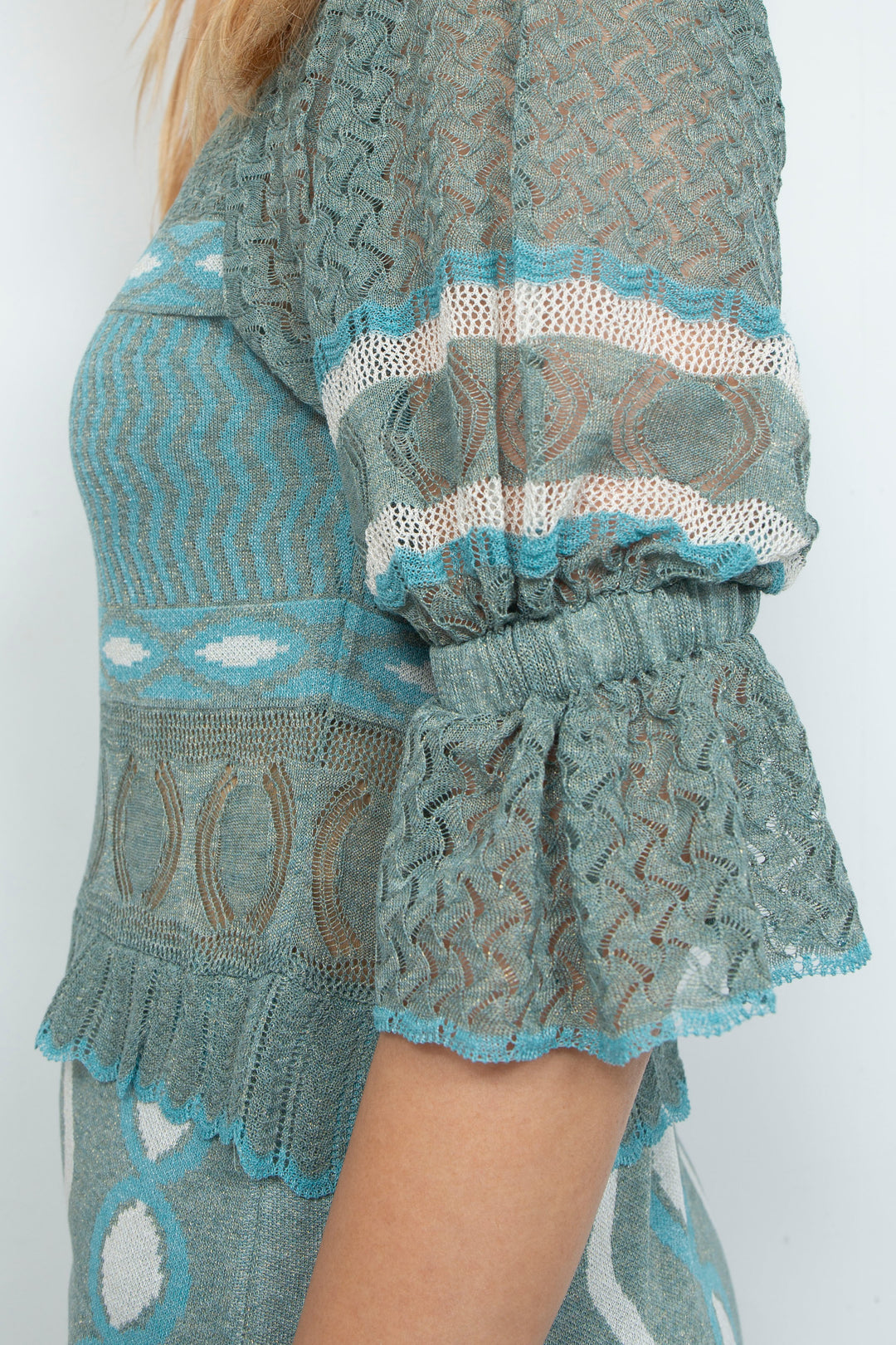 Sazanka wave-pattern lamé knitted dress Mint green