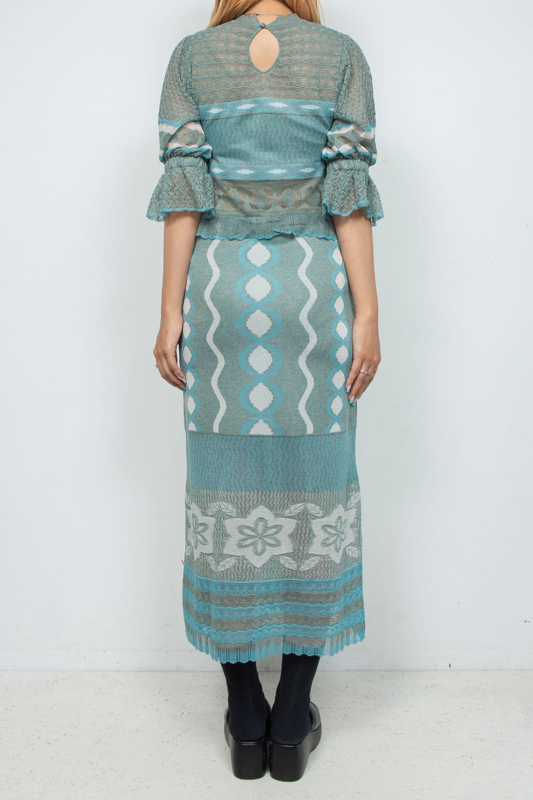 Sazanka wave-pattern lamé knitted dress Mint green