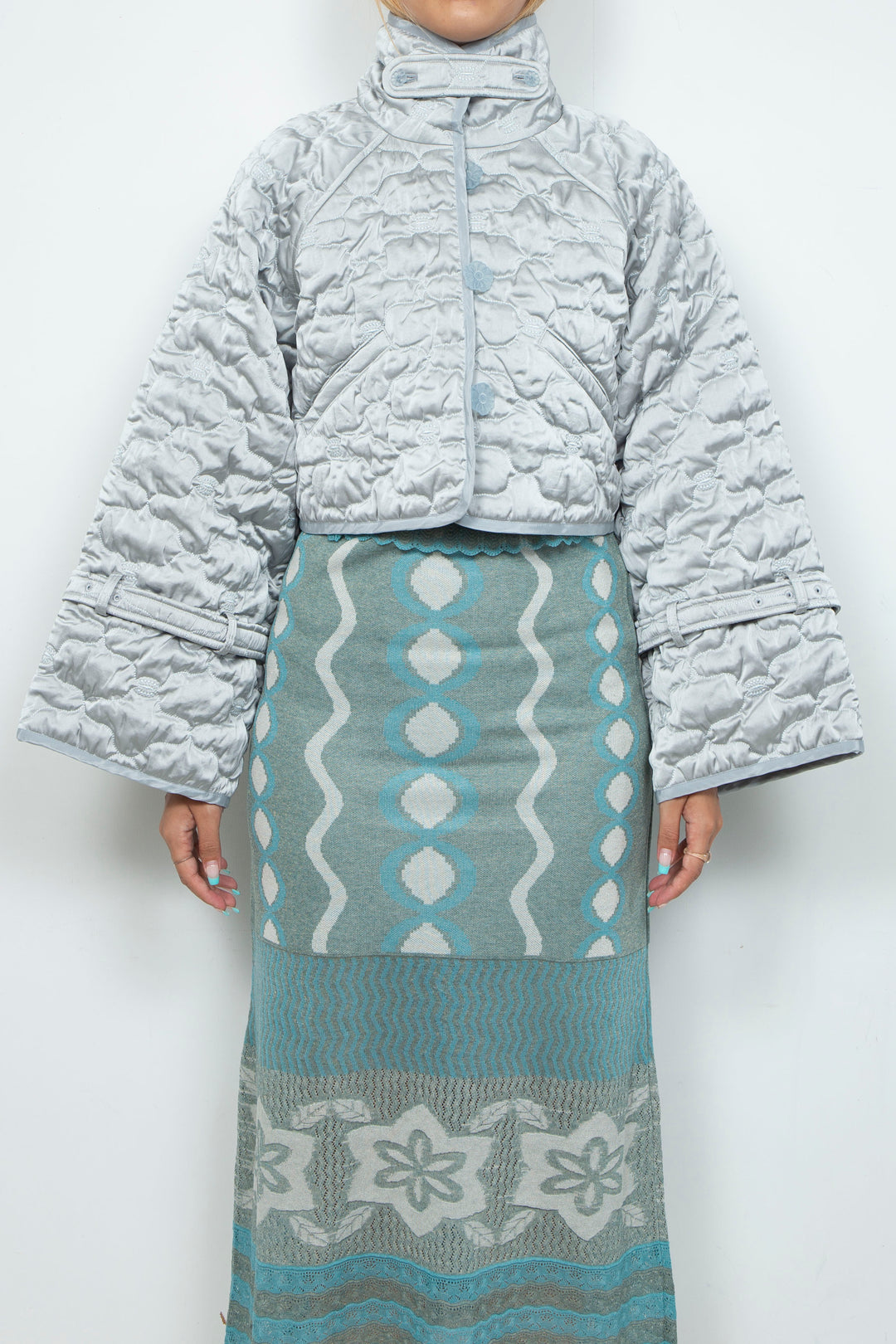 Sazanka cropped quilted satin jacket Ice gray