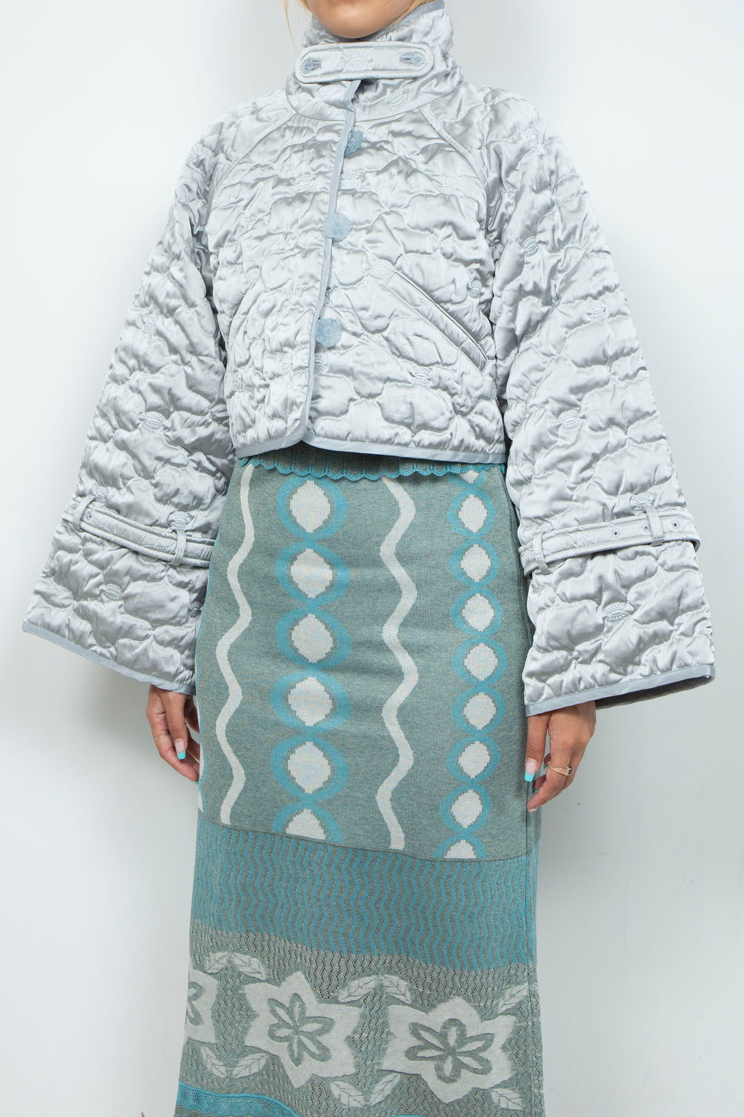 Sazanka cropped quilted satin jacket Ice gray