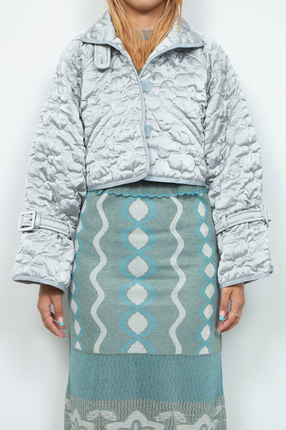 Sazanka cropped quilted satin jacket Ice gray