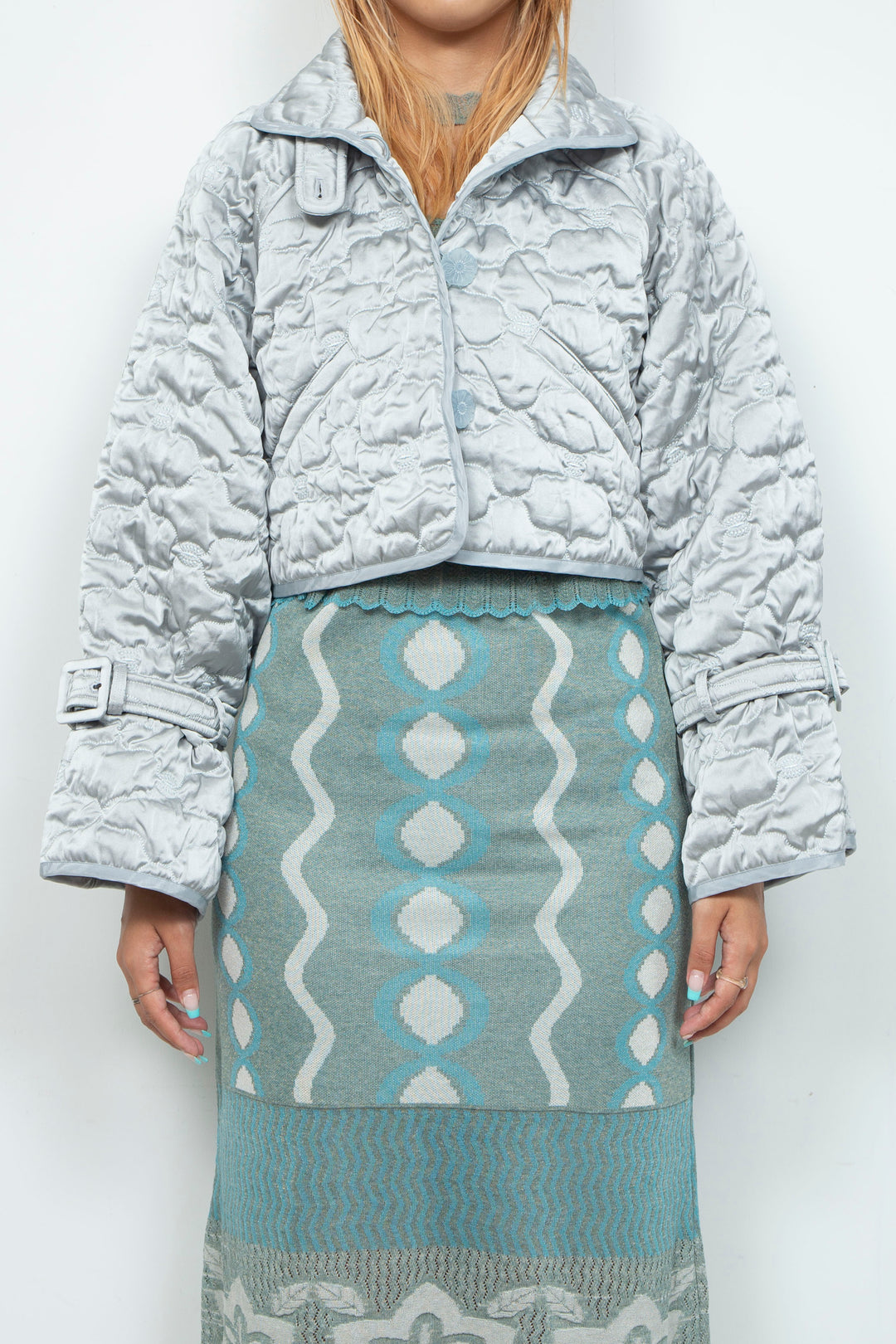 Sazanka cropped quilted satin jacket Ice gray