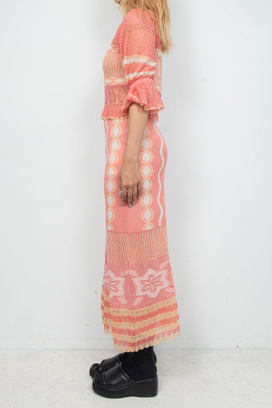 Sazanka wave-pattern lamé knitted dress PINK