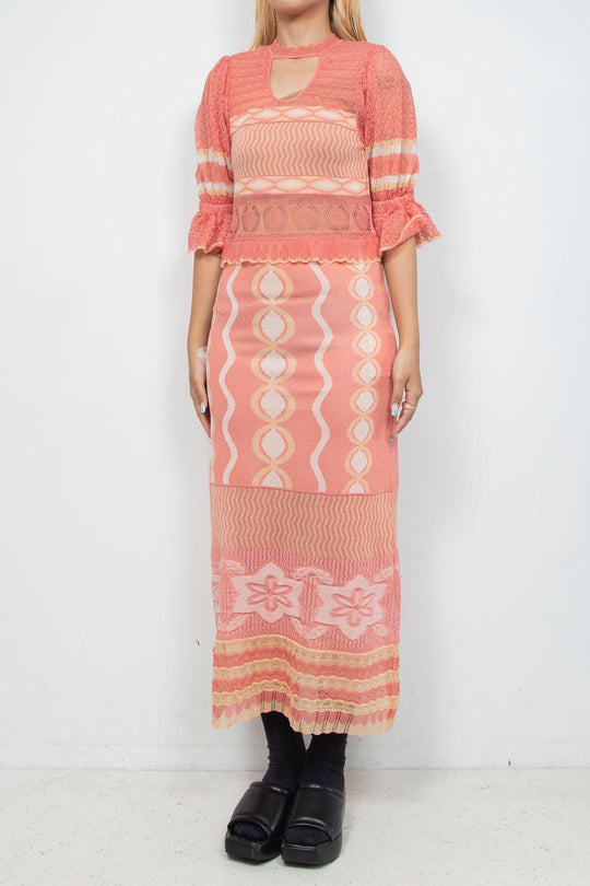 Sazanka wave-pattern lamé knitted dress PINK