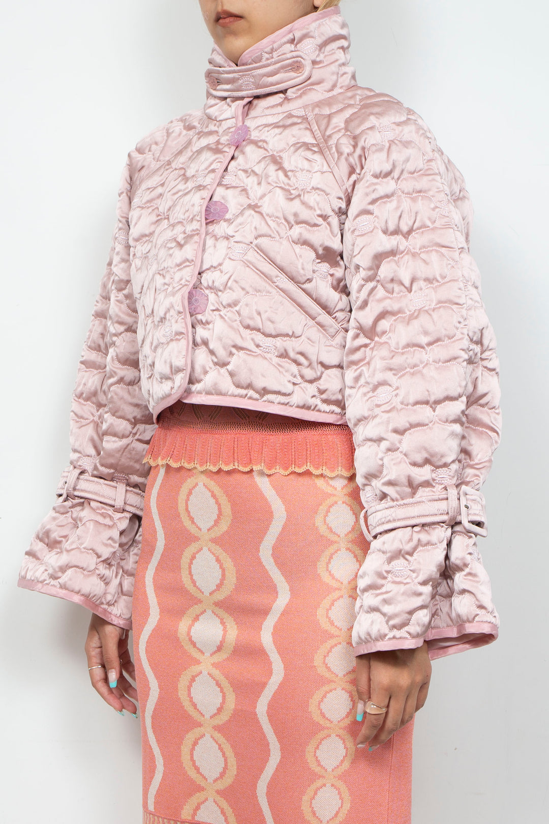 Sazanka cropped quilted satin jacket Pink