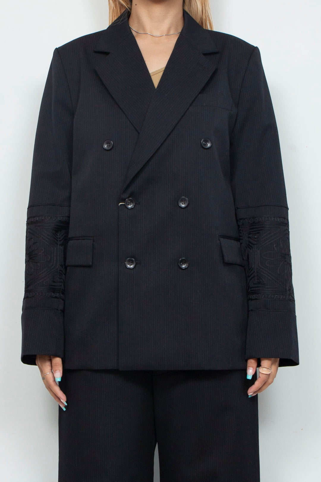 KIKU embroidered double-breasted wool jacket Black