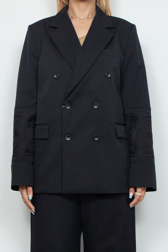 KIKU embroidered double-breasted wool jacket Black