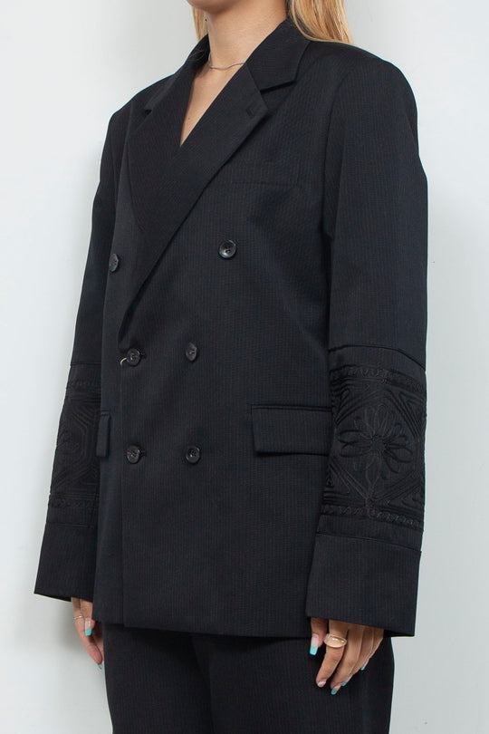 KIKU embroidered double-breasted wool jacket Black