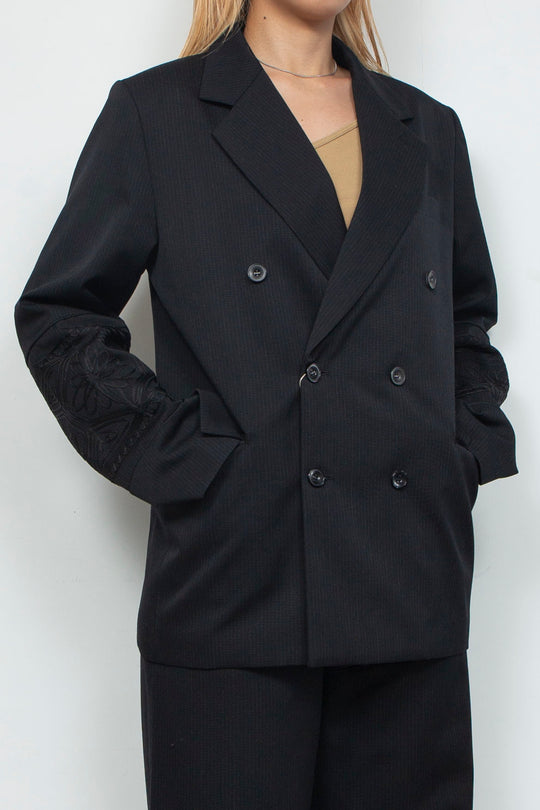 KIKU embroidered double-breasted wool jacket Black