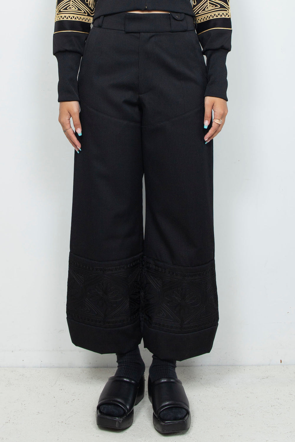 KIKU embroidered wide-leg wool suit trousers Black