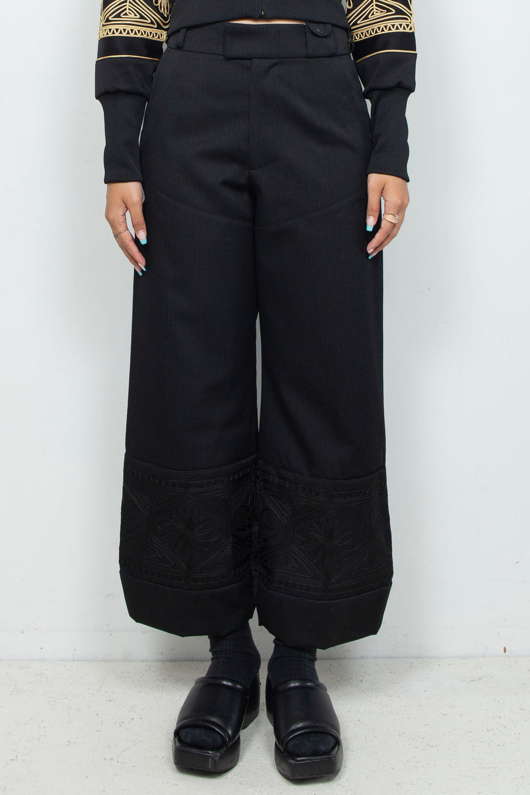 KIKU embroidered wide-leg wool suit trousers Black