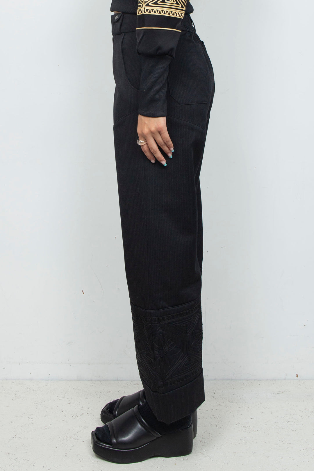 KIKU embroidered wide-leg wool suit trousers Black