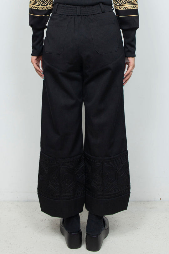 KIKU embroidered wide-leg wool suit trousers Black