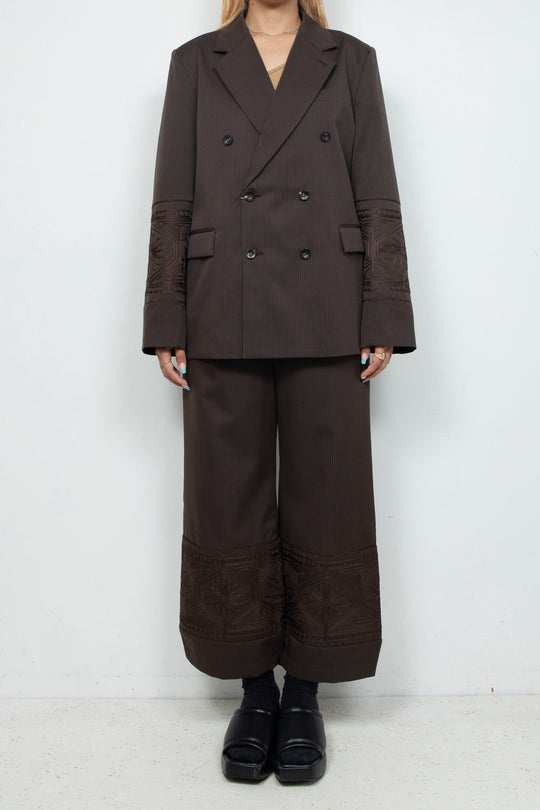 KIKU embroidered double-breasted wool jacket Dark brown