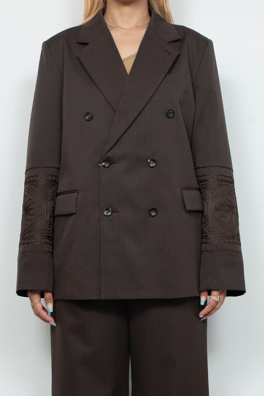 KIKU embroidered double-breasted wool jacket Dark brown