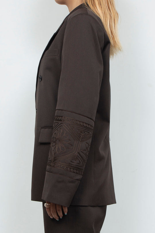 KIKU embroidered double-breasted wool jacket Dark brown