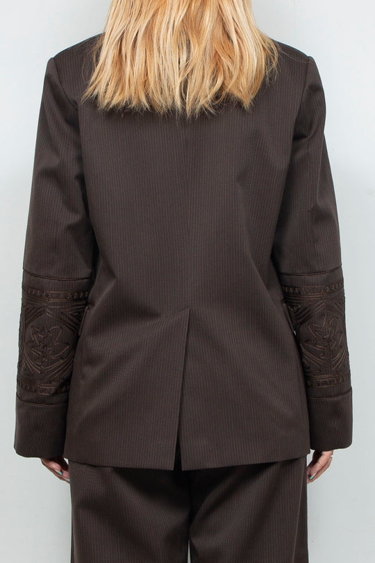 KIKU embroidered double-breasted wool jacket Dark brown