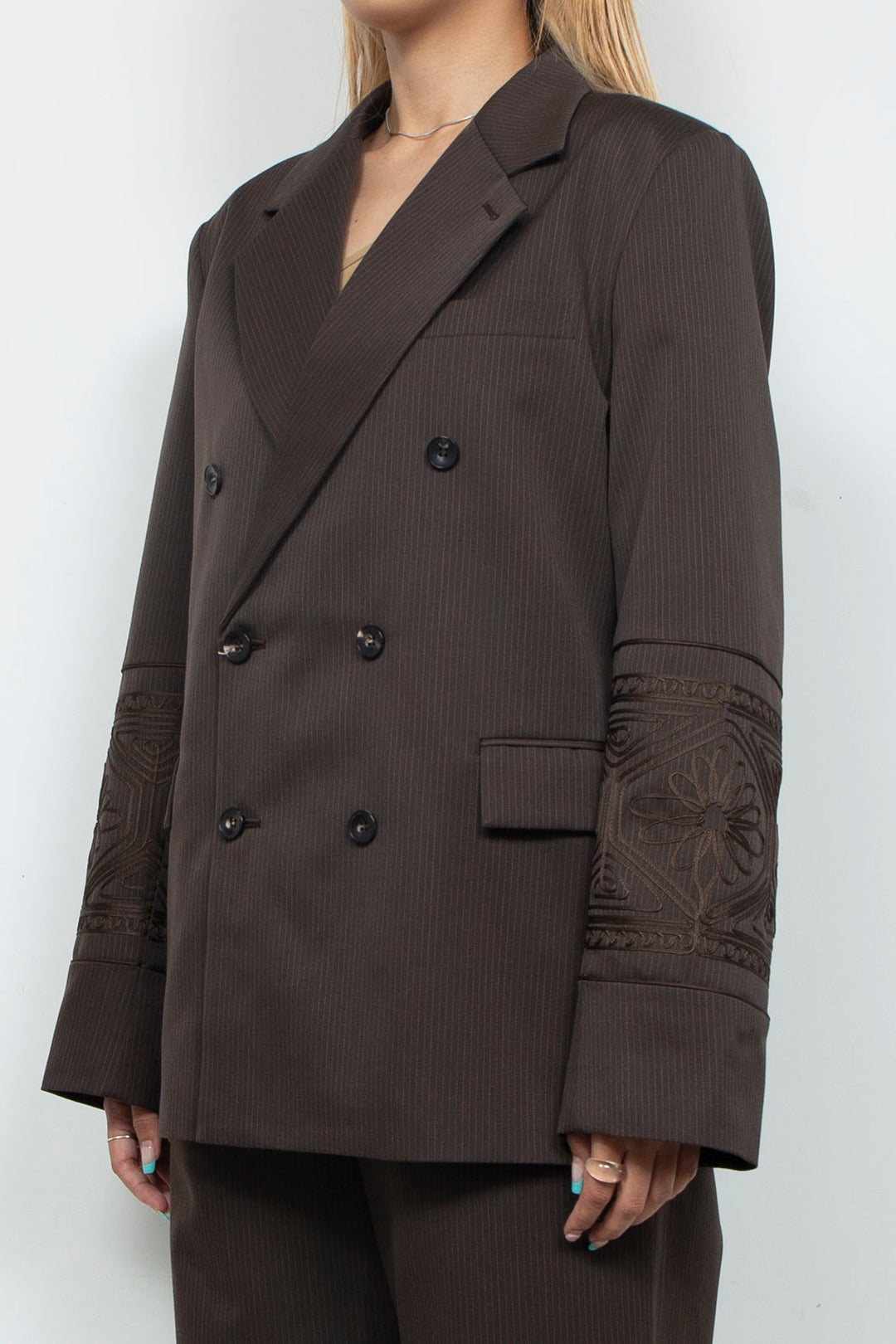 KIKU embroidered double-breasted wool jacket Dark brown