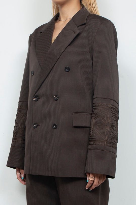 KIKU embroidered double-breasted wool jacket Dark brown
