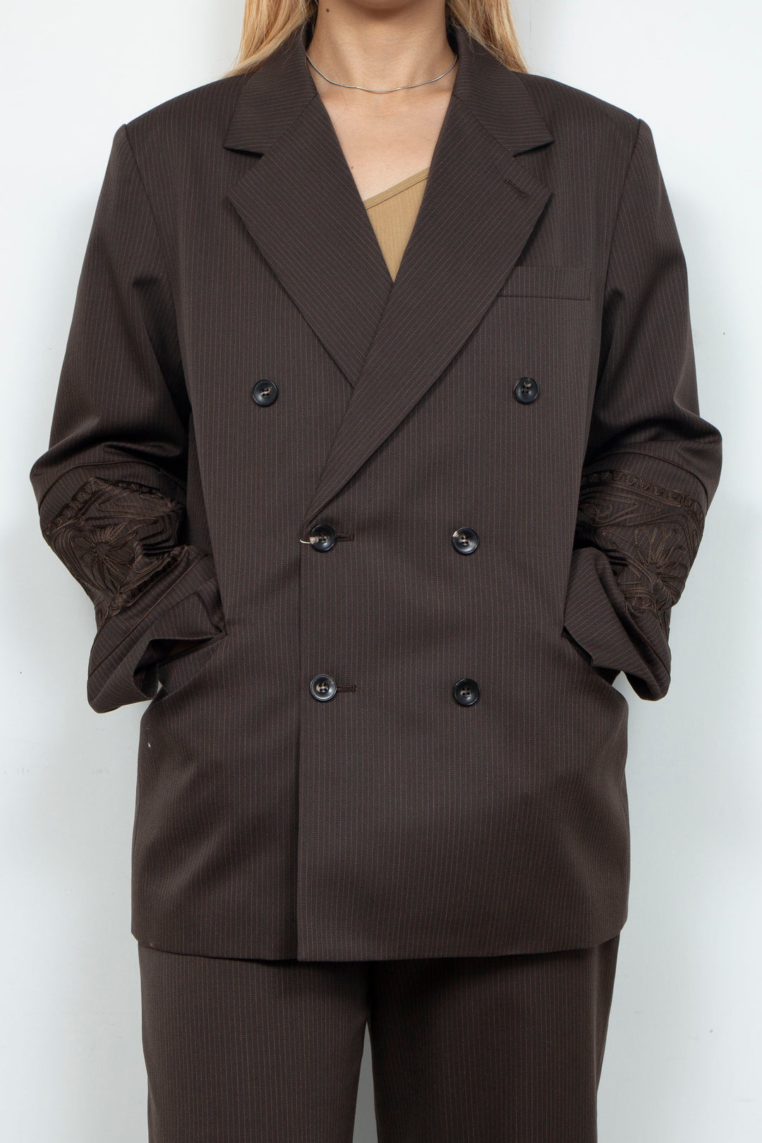 KIKU embroidered double-breasted wool jacket Dark brown