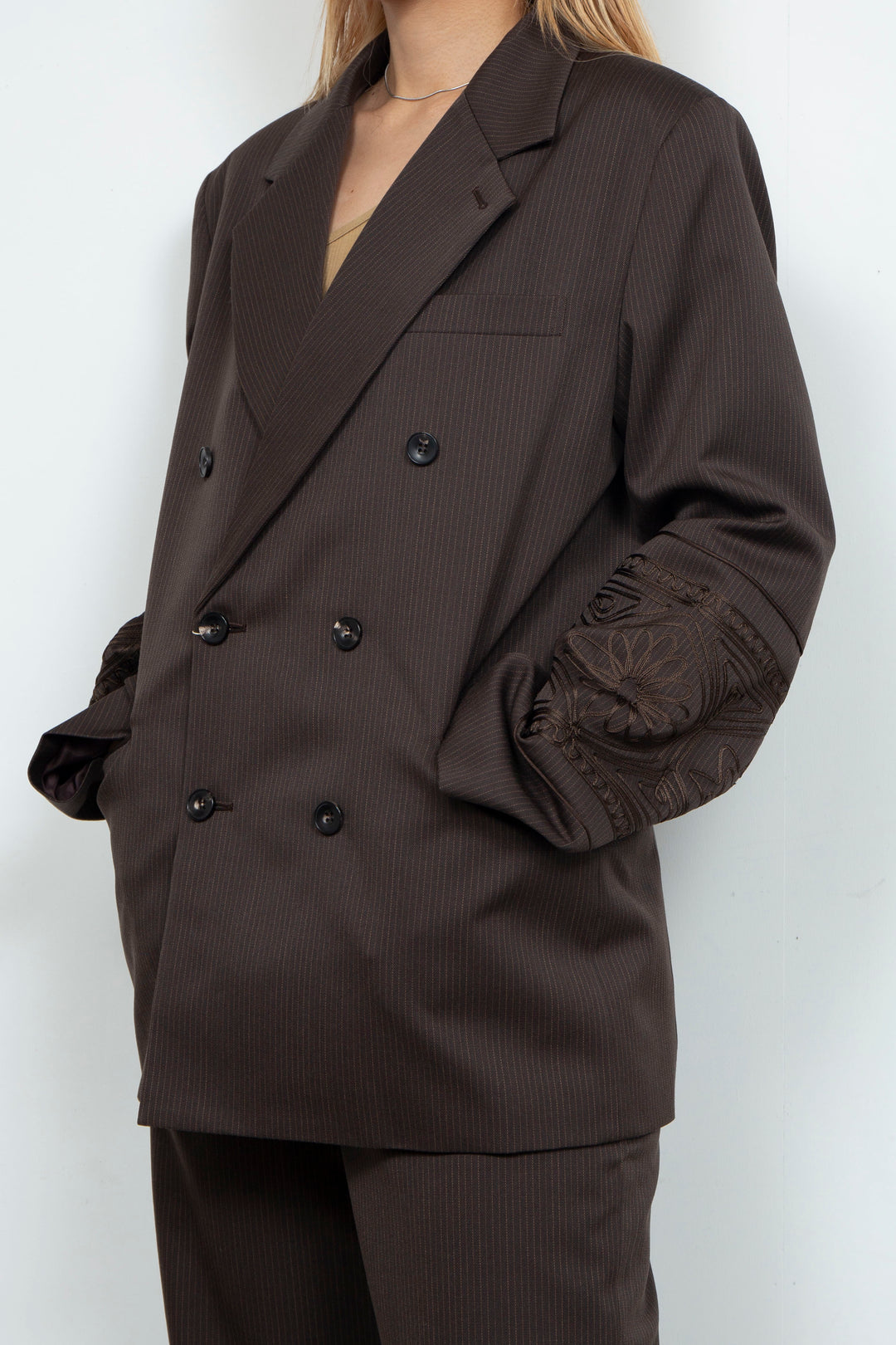 KIKU embroidered double-breasted wool jacket Dark brown
