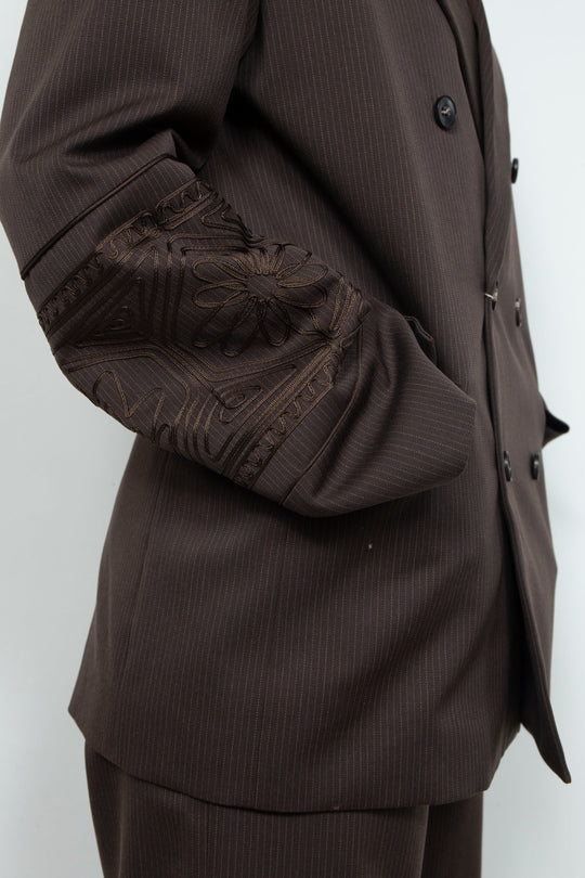 KIKU embroidered double-breasted wool jacket Dark brown