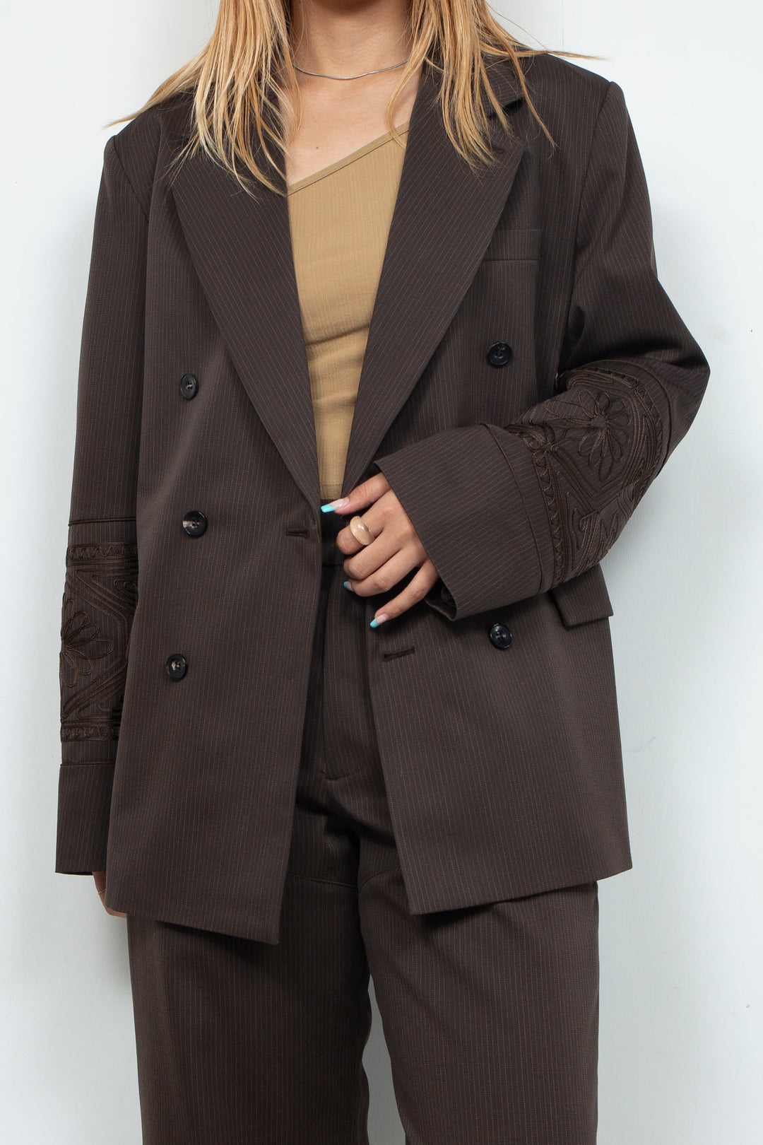 KIKU embroidered double-breasted wool jacket Dark brown