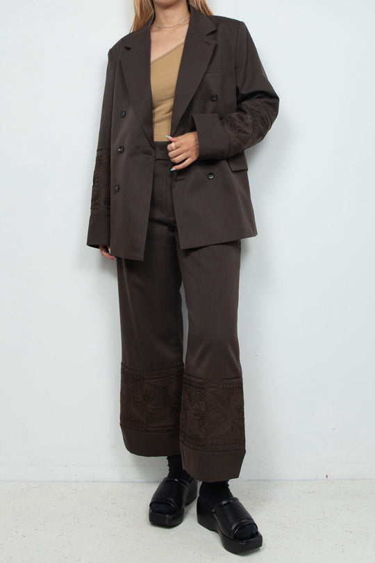 KIKU embroidered double-breasted wool jacket Dark brown