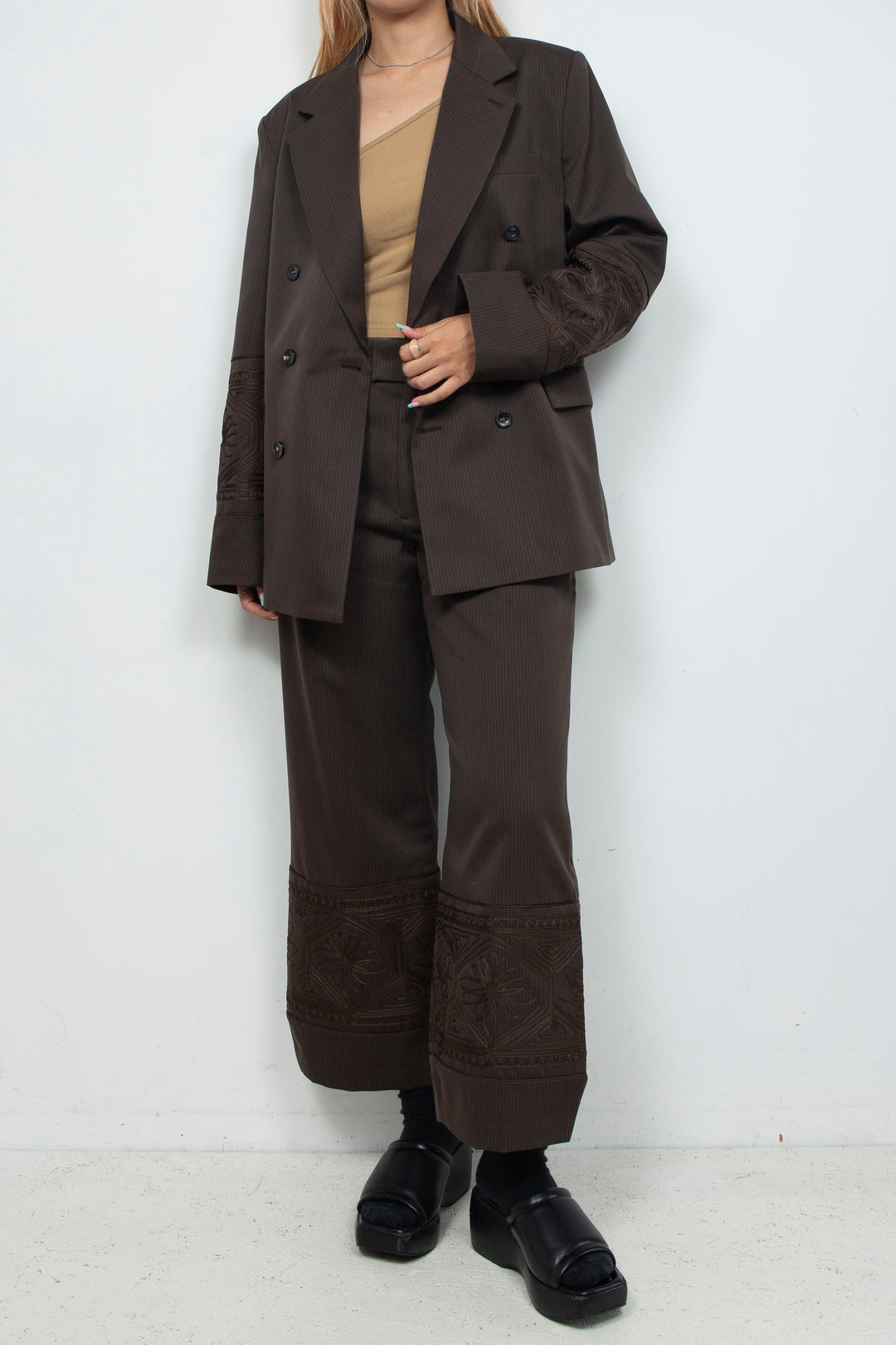 KIKU embroidered wide-leg wool suit trousers Dark brown