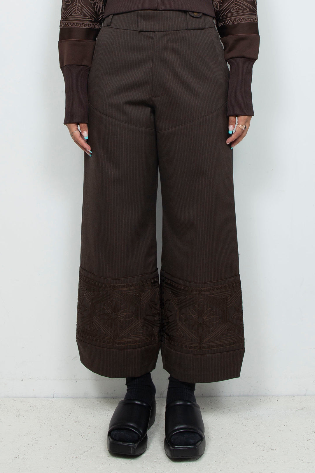 KIKU embroidered wide-leg wool suit trousers Dark brown