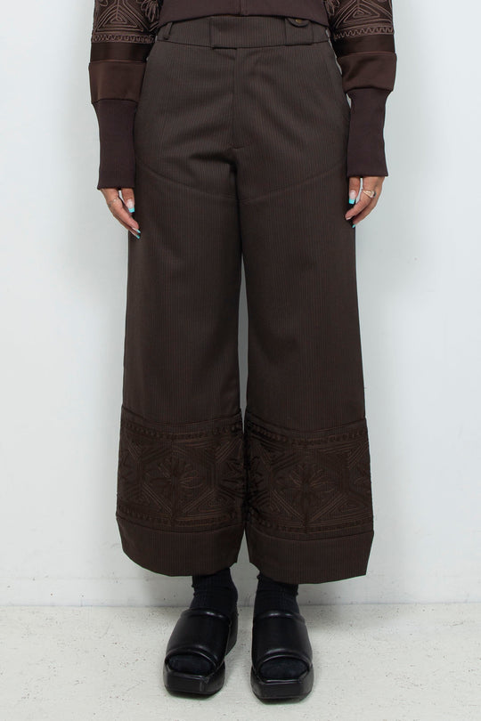 KIKU embroidered wide-leg wool suit trousers Dark brown