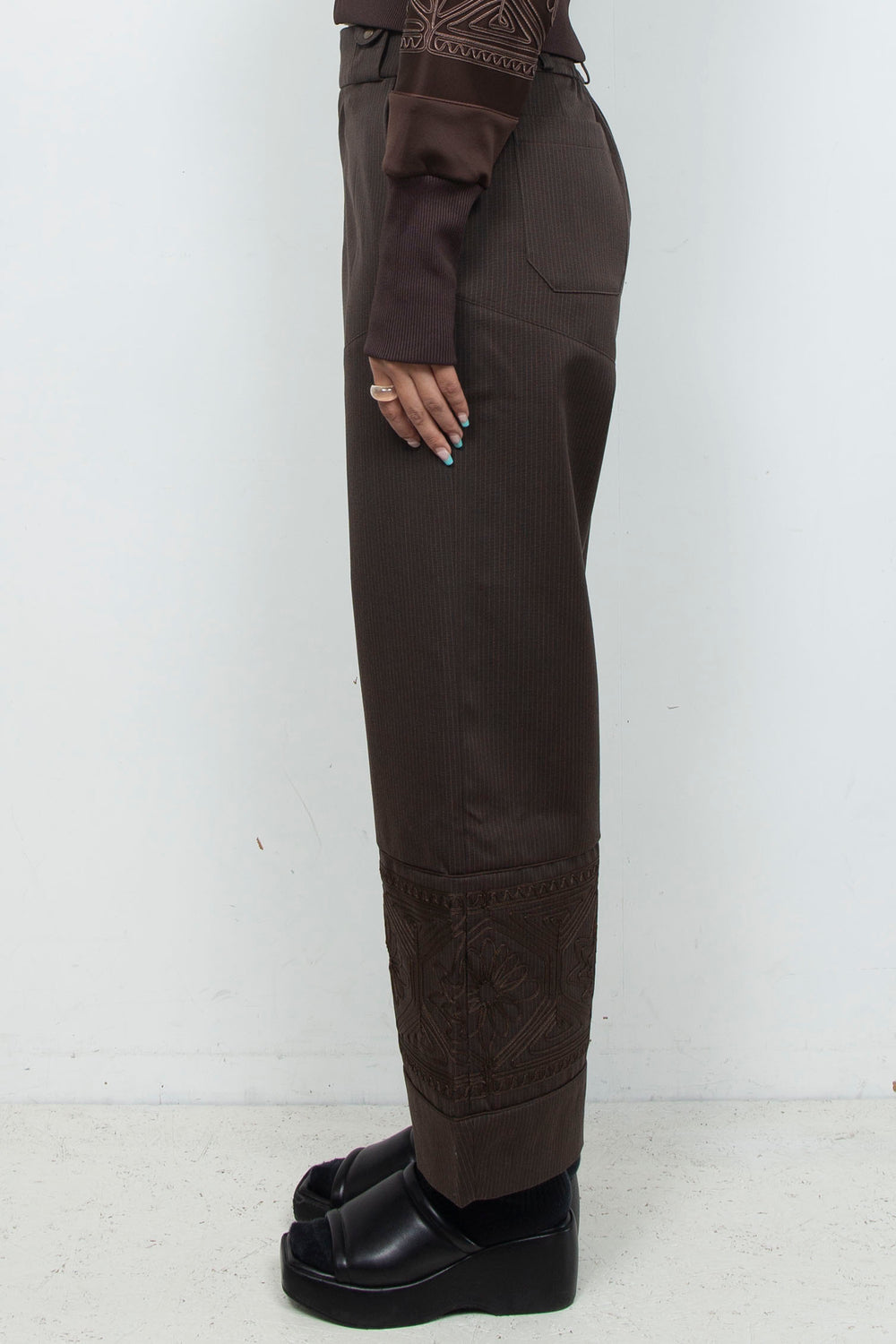 KIKU embroidered wide-leg wool suit trousers Dark brown