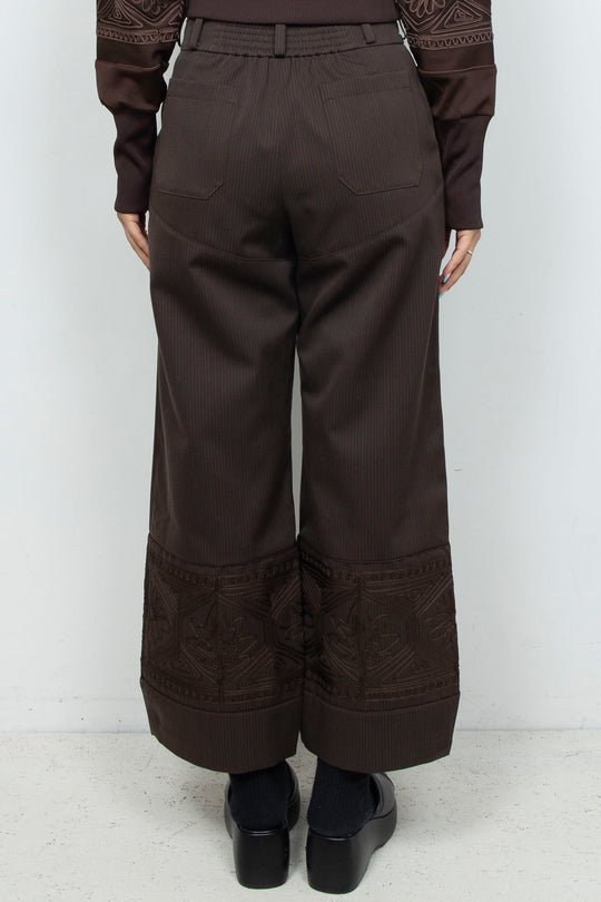 KIKU embroidered wide-leg wool suit trousers Dark brown