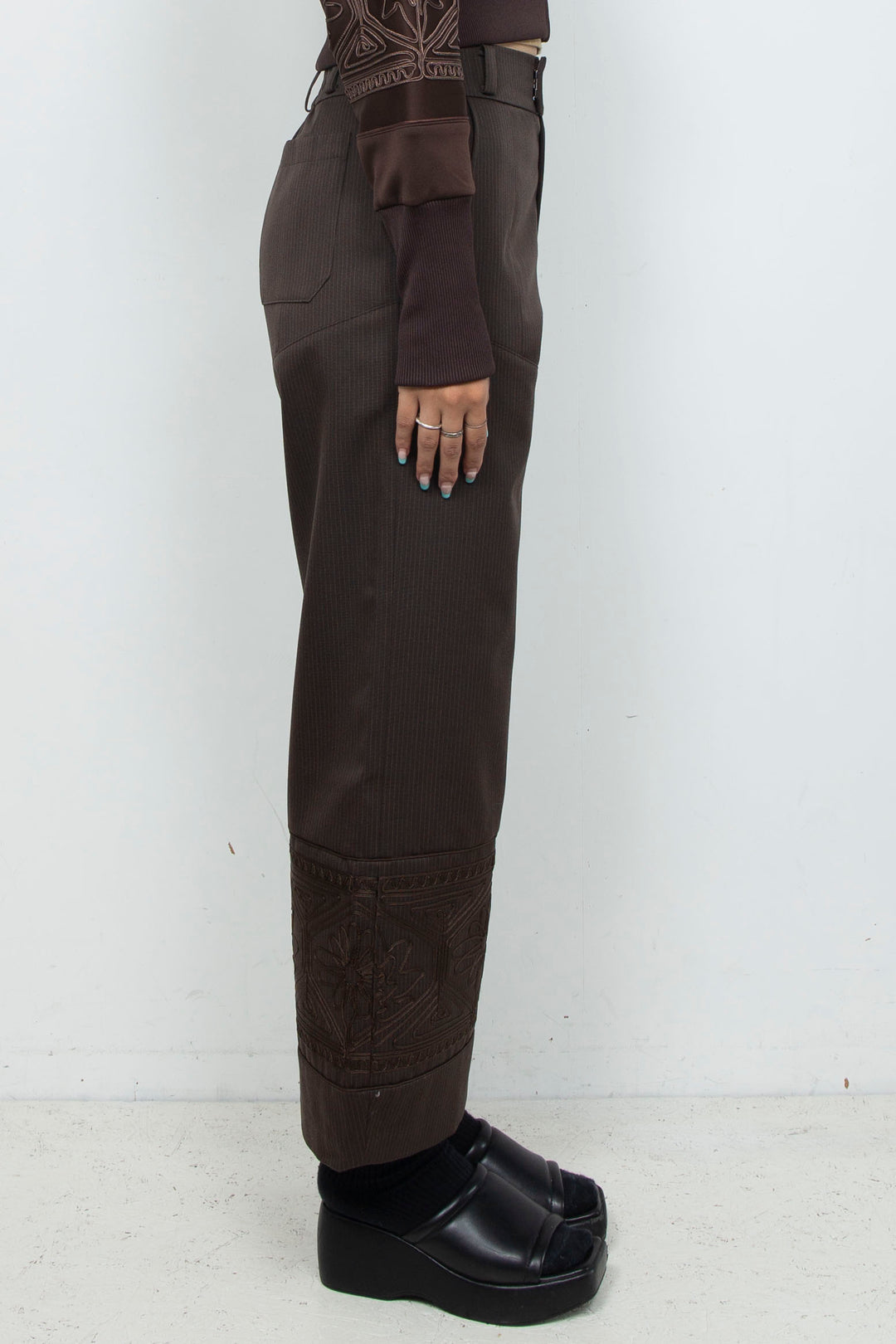 KIKU embroidered wide-leg wool suit trousers Dark brown