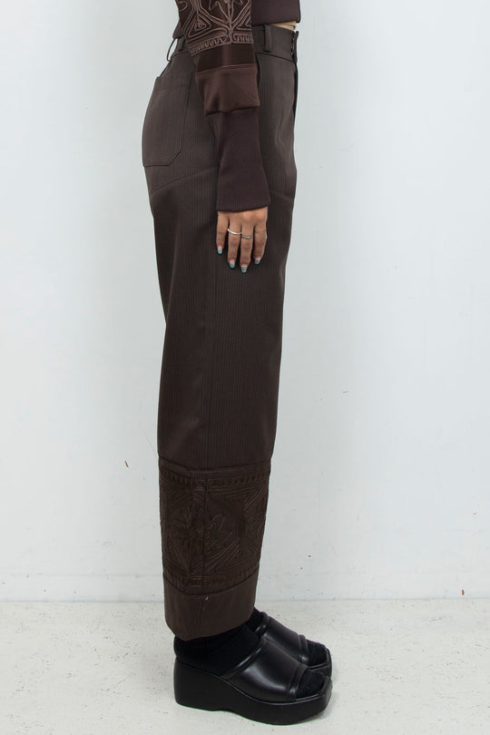 KIKU embroidered wide-leg wool suit trousers Dark brown