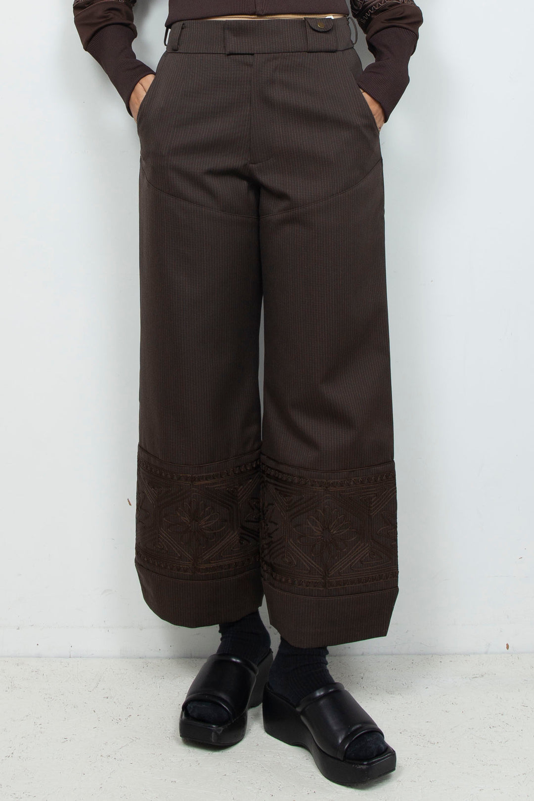 KIKU embroidered wide-leg wool suit trousers Dark brown