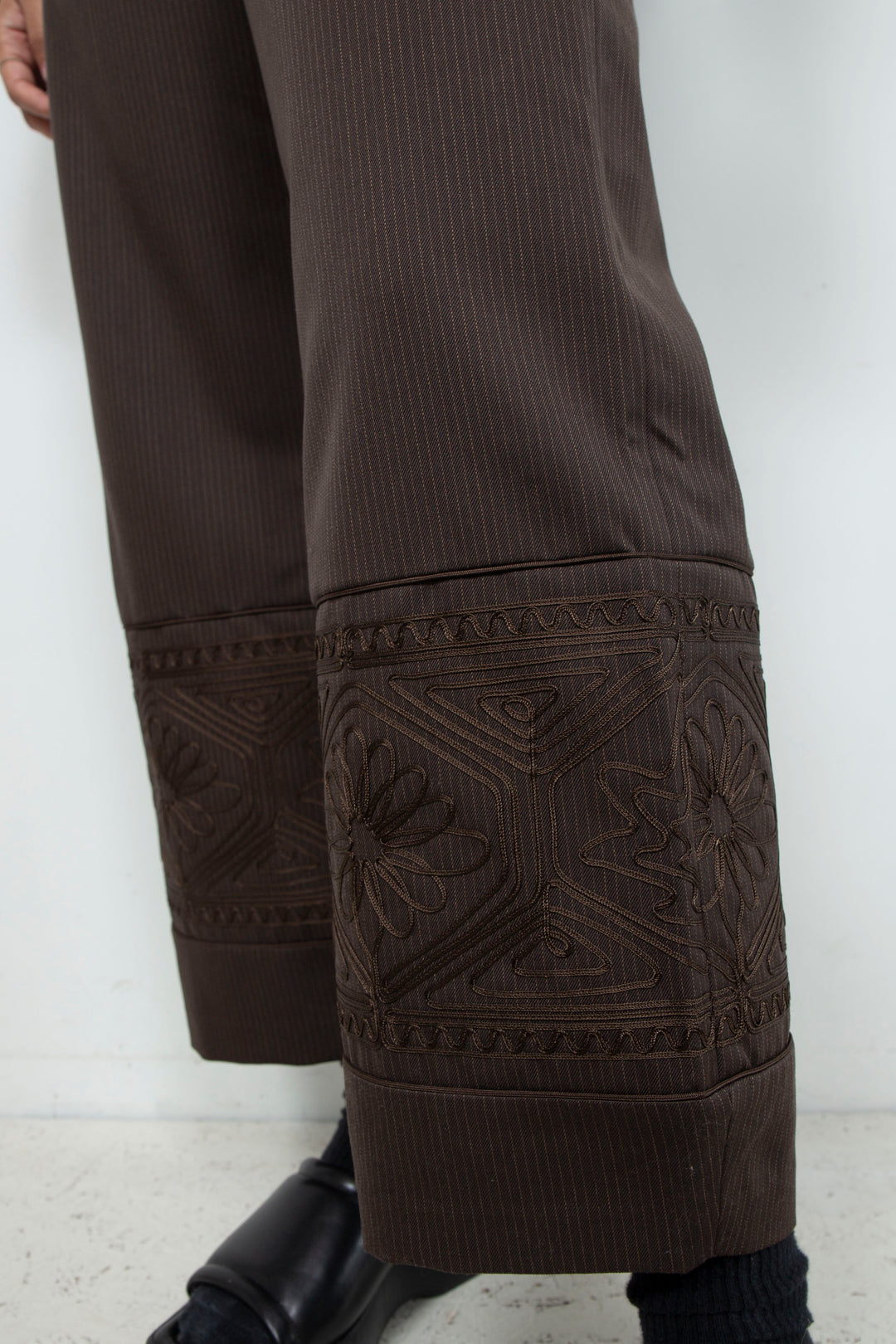 KIKU embroidered wide-leg wool suit trousers Dark brown
