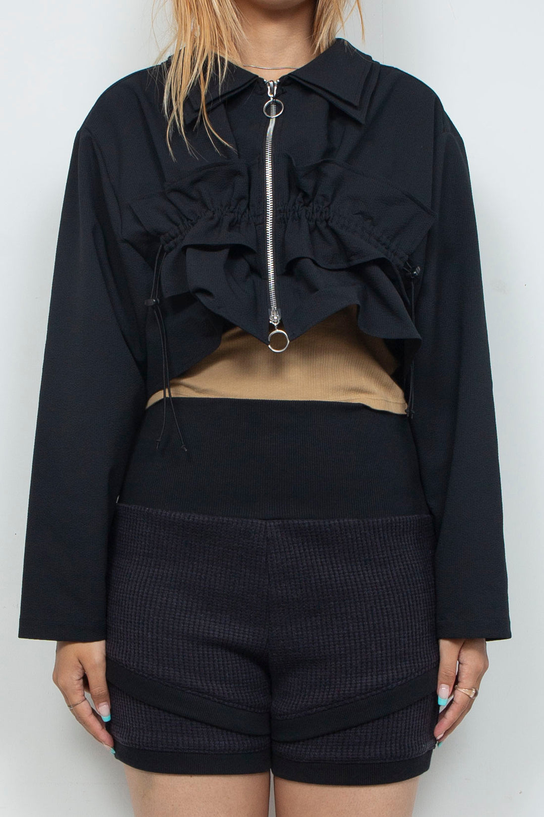 Waffle Knit Layered Shorts Black