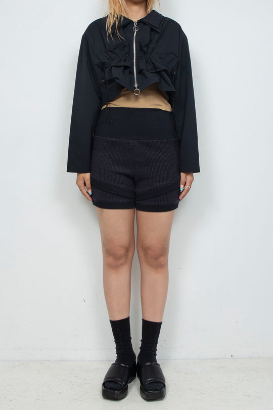Frill Gathered Cropped Shirt Jacket Black